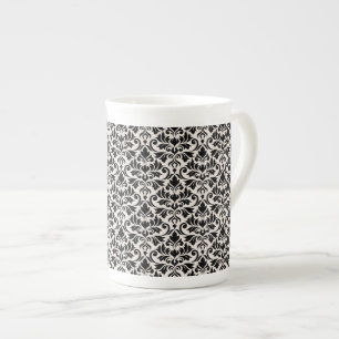 Tasse En Porcelaine Motif de Damas Flourish Noir sur Crème