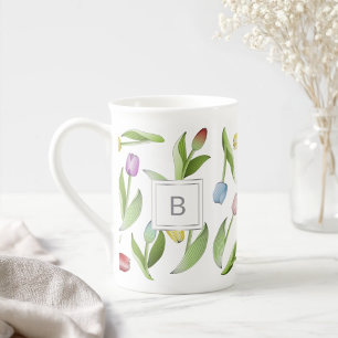 Tasse En Porcelaine Motif floral de tulipe moderne et coloré en monogr