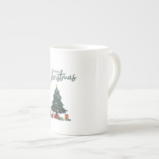 Tasse En Porcelaine Noël Jaune Vert Isolé (Devant droit)