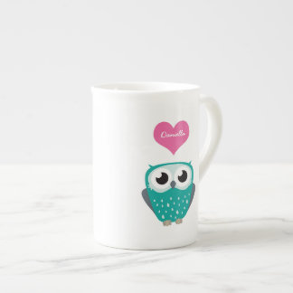 Tasse En Porcelaine Nom bleu de Personalizable de coeur de hibou et