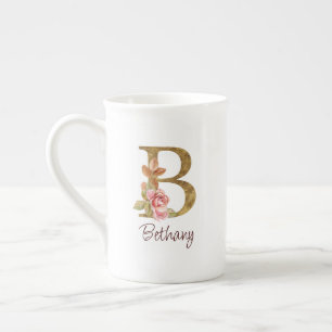 Tasse En Porcelaine Nom personnalisé Blush Rose lettre B en feuille d'