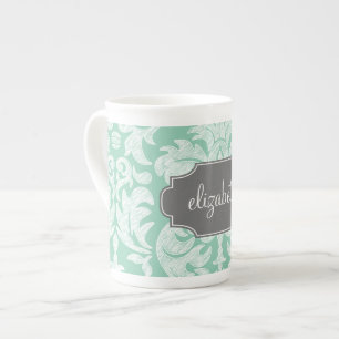 Tasse En Porcelaine Nom personnalisé du modèle de damas à la menthe et