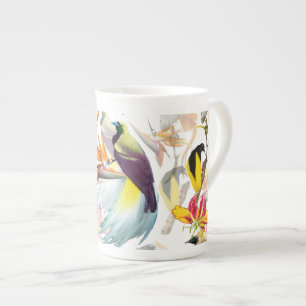 Tasse En Porcelaine Oiseaux exotiques du Paradis et fleurs Aquarelle