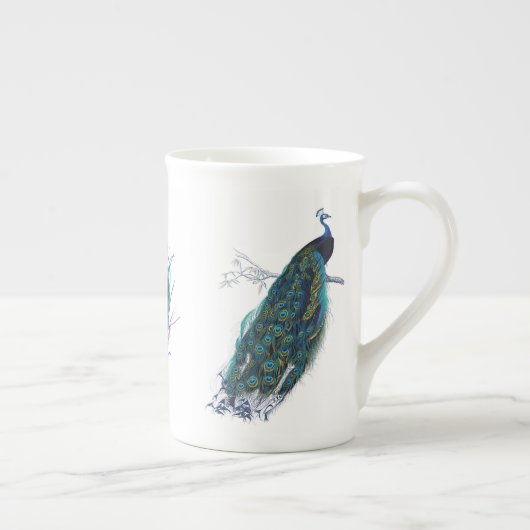 Tasse En Porcelaine Paon bleu avec de belles plumes de queue (Droite)