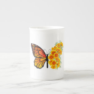 Tasse En Porcelaine Papillon Fleur avec Pavot de Californie Jaune