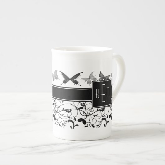 Tasse En Porcelaine Papillon Victorian Flourian noir blanc (Devant droit)