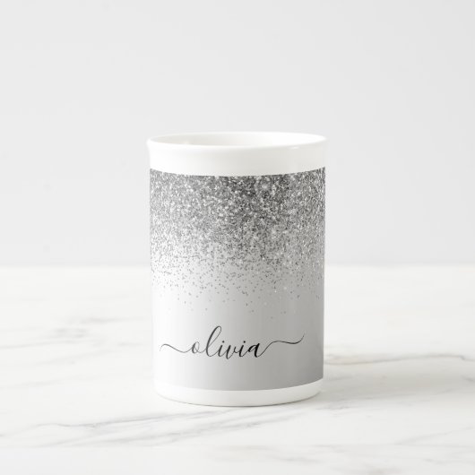 Tasse En Porcelaine Parties scintillant Monogramme Argent Sparkle Girl (Devant)