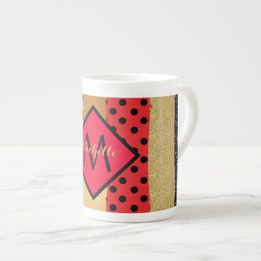 Tasse En Porcelaine Parties scintillant rouge Noir Brush Stroke Monogr (Devant droit)
