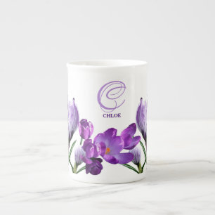 Tasse En Porcelaine Personnalisable Chloe nom monogramme fleurs violet