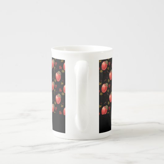 Tasse En Porcelaine Pommes rouges et feuilles sur noir (Dos)