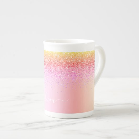Tasse En Porcelaine Rainbow Pastel Girly Parties scintillant Metal Nom (Devant droit)