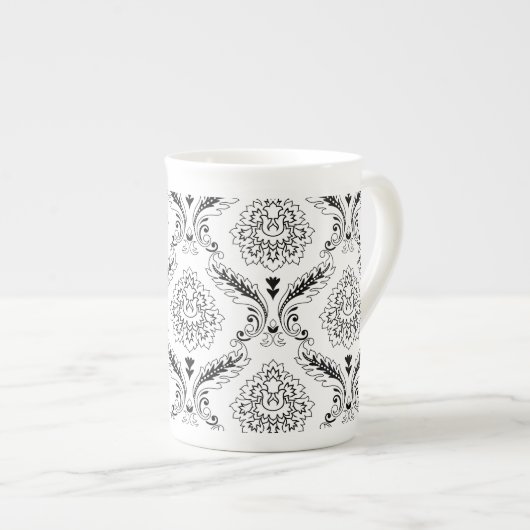 Tasse En Porcelaine Rococo Damask Line Pattern Black on White (Devant droit)