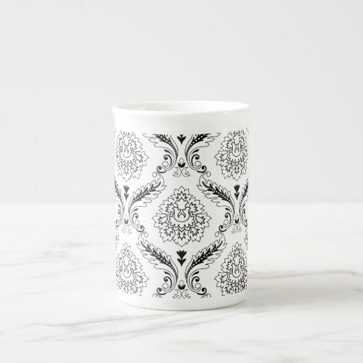 Tasse En Porcelaine Rococo Damask Line Pattern Black on White (Devant)