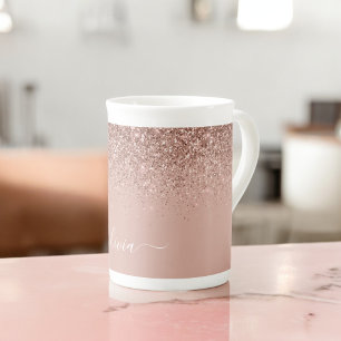 Tasse En Porcelaine Rose Gold Blush Rose Pailleté Monogramme Nom Fémin