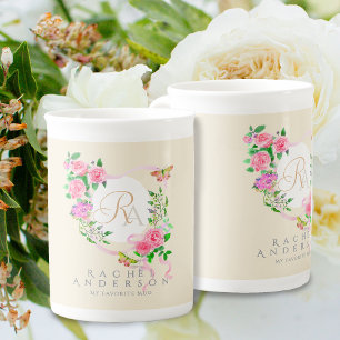 Tasse En Porcelaine Rose rose Ruban Chic Monogramme Beige