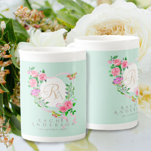 Tasse En Porcelaine Rose rose Ruban Chic Monogramme Bleu