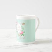 Tasse En Porcelaine Rose rose Ruban Chic Monogramme Bleu (Devant droit)
