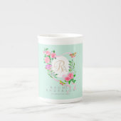 Tasse En Porcelaine Rose rose Ruban Chic Monogramme Bleu (Devant)