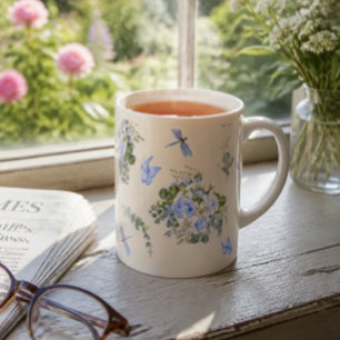 Tasse En Porcelaine Roses bleues et lys blancs à l'aquarelle