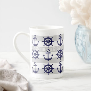 Tasse En Porcelaine Roue de bateau à Ancre personnalisée Nautique rayé