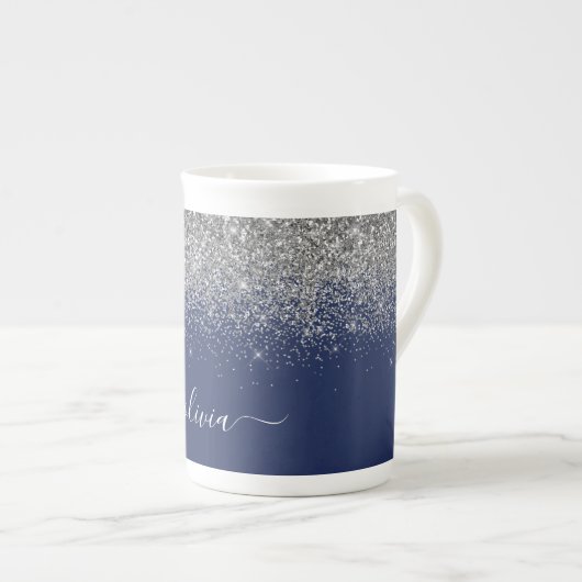Tasse En Porcelaine Silver Navy Parties scintillant bleue Métal Nom du (Devant droit)