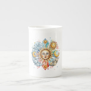 Tasse En Porcelaine Soleil, Lune et Étoiles aquarelle colorée