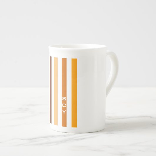 Tasse En Porcelaine Tan Brown Orange Vertical Stripes Monogramme (Devant droit)