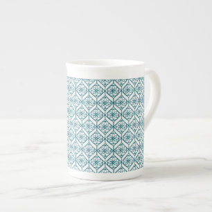 Tasse En Porcelaine Turquoise sur Motif ethnique blanc, Fleurs, Chevro