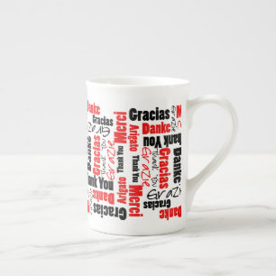 Tasse En Porcelaine Typographie multilingue rouge et noir "Merci"