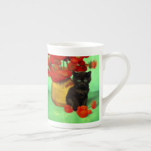 Tasse En Porcelaine Van Gogh Black Kitten Fleurs rouges