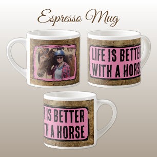 Tasse Expresso Amateur de cheval 1 photo faux bois noir rose