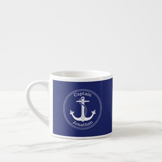 Tasse Expresso Ancre nautique Capitaine Monogramme Nom bleu (Gauche)