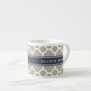 Tasse Expresso Bleu Nom personnalisé Grey Quatrefoil Motif