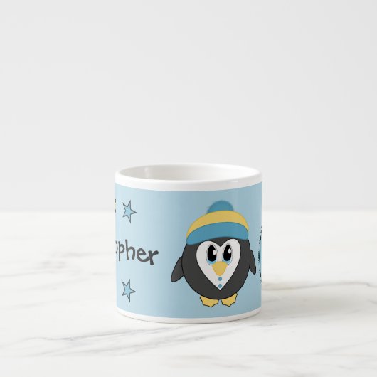 Tasse Expresso Bleu pingouin mignon jaune avec étoiles enfant (Devant)