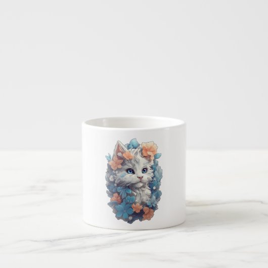 Tasse Expresso Chat Cute Blanc Floral Kitty (Devant)