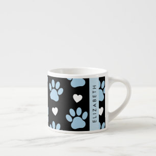 Tasse Expresso Chien Paws, Blue Paws, White Hearts, Votre Nom