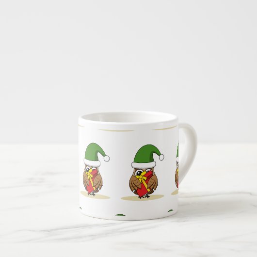 Tasse Expresso Chouette elfe de Noël avec présent (Devant droit)