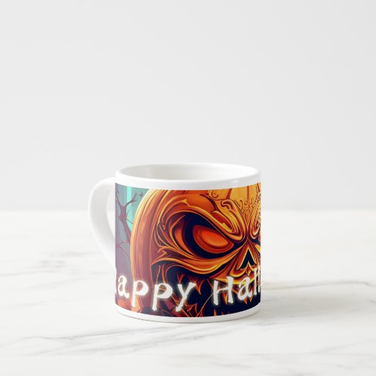 Tasse Expresso Citrouille orange effrayant avec visage, Halloween (Devant gauche)