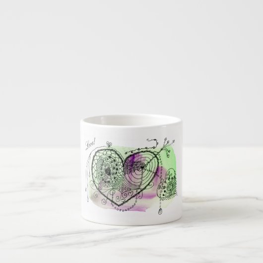 Tasse Expresso Coeurs ornés sur le vert et le pourpre Aquarelle L (Devant)