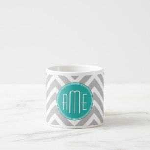Tasse Expresso Élégant Chevron Gris Moderne et Monogramme Menthe