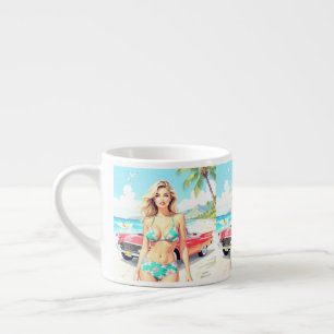 Tasse Expresso Fille à la plage avec une voiture classique