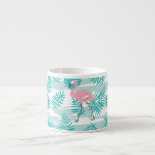 Tasse Expresso flamants roses, feuilles de palmiers verts, tropic