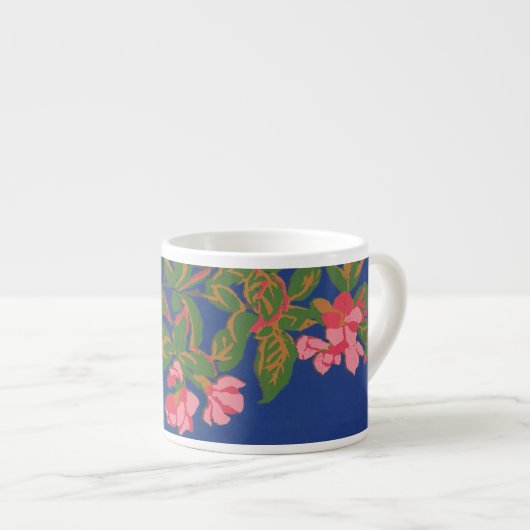 Tasse Expresso Fleurs japonica rose sur bleu profond (Devant droit)