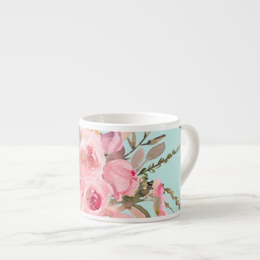 Tasse Expresso Fleurs rose pâle sur bleu clair (Devant droit)