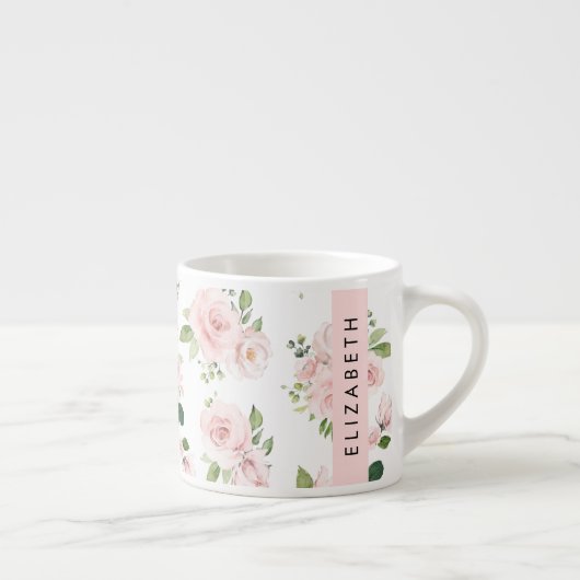 Tasse Expresso Fleurs roses, Roses, Fleurs Aquarelles, Votre Nom (Droite)