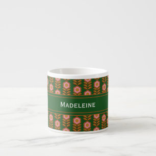 Tasse Expresso Floraux vintages, rose sur vert monogrammé