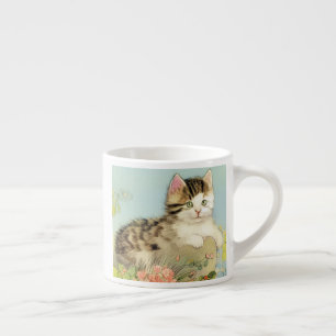 Tasse Expresso Illustration vintage de chat avec fleurs roses