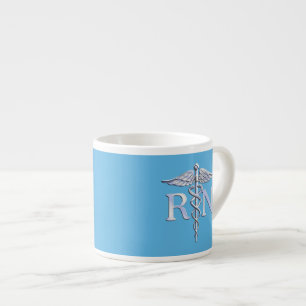 Tasse Expresso Infirmière inscrite RN Silver Caduceus sur Bleu bé