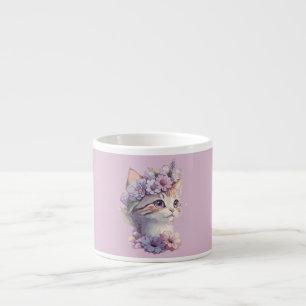 Tasse Expresso Joli Chat Aquarelle Violet avec Flore