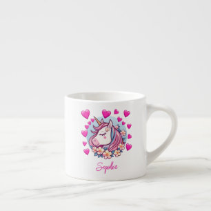 Tasse Expresso Joli Licorne, Cœurs Roses & Fleurs, Nom Personnali